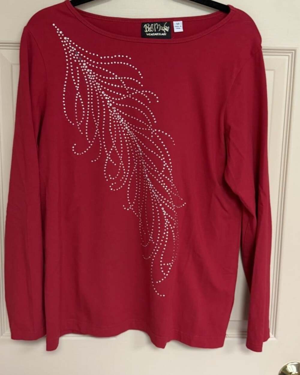 Bob Mackie Wearable Art M Red Rhinestone Feather Graphic Long Sleeve Top